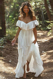 White Ruffled Off the Shoulder Chiffon A Line Wedding Dress