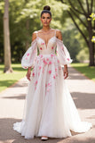 Floral A Line Cold Shoulder White Wedding Dress with Sleeves