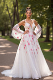 Floral A Line Cold Shoulder White Wedding Dress with Sleeves