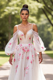 Floral A Line Cold Shoulder White Wedding Dress with Sleeves