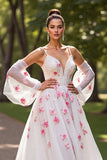 Floral A Line Cold Shoulder White Wedding Dress with Sleeves