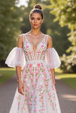 White Floral V Neck A Line Wedding Dress with Detachable Sleeves