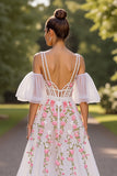 White Floral V Neck A Line Wedding Dress with Detachable Sleeves