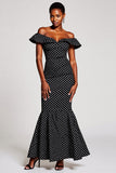 Off The Shoulder Mermaid Ruffled Black White Polka Dots Dress
