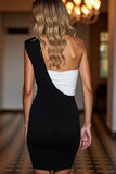 One Shoulder Black and White Bodycon Cocktail Dress