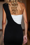 One Shoulder Black and White Bodycon Cocktail Dress