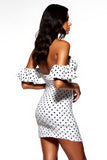 Off the Shoulder White Black Polka Dot Bodycon Cocktail Dress