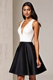 Black and White A Line V Neck Cocktail Dress