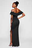 Black Off the Shoulder White Polka Dot Formal Dress with Slit