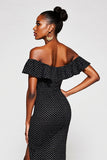 Black Off the Shoulder White Polka Dot Formal Dress with Slit