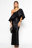 One Shoulder Sheath Black Formal Dress with Ruffles