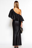 One Shoulder Sheath Black Formal Dress with Ruffles