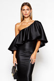 One Shoulder Sheath Black Formal Dress with Ruffles