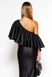 One Shoulder Sheath Black Formal Dress with Ruffles