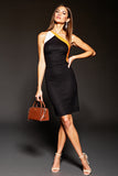 One Shoulder Bodycon Black Colorblock Cocktail Dress