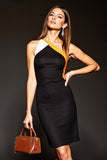 One Shoulder Bodycon Black Colorblock Cocktail Dress