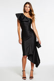 One Shoulder Black Satin Midi Cocktail Dress with Ruffles