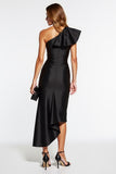 One Shoulder Black Satin Midi Cocktail Dress with Ruffles