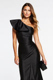 One Shoulder Black Satin Midi Cocktail Dress with Ruffles
