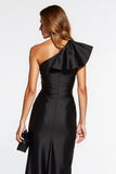 One Shoulder Black Satin Midi Cocktail Dress with Ruffles