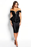 Bodycon Off the Shoulder Satin Black Cocktail Dress with Ruffles
