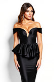 Bodycon Off the Shoulder Satin Black Cocktail Dress with Ruffles