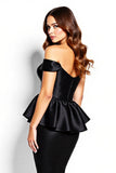 Bodycon Off the Shoulder Satin Black Cocktail Dress with Ruffles