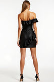 Black One Shoulder Ruffle Bodycon Cocktail Dress with Slit