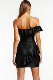 Black One Shoulder Ruffle Bodycon Cocktail Dress with Slit