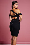 Black Asymmetrical Shoulder Bodycon Cocktail Dress