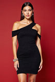Black Asymmetrical Shoulder Bodycon Cocktail Dress