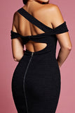 Black Asymmetrical Shoulder Bodycon Cocktail Dress