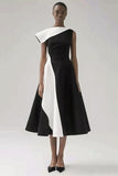 Black and White One Shoulder A Line Midi Cocktail Dress