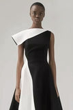Black and White One Shoulder A Line Midi Cocktail Dress