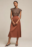 Sparkly Brown A Line Mirror Tea Length Work Dress with Beading