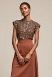 Sparkly Brown A Line Mirror Tea Length Work Dress with Beading