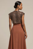 Sparkly Brown A Line Mirror Tea Length Work Dress with Beading