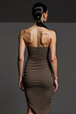 Coffee Bodycon Satin Midi Formal Dress with Slit