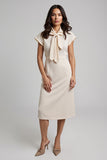 Apricot Bodycon Satin Midi Work Dress with Sleeves