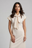 Apricot Bodycon Satin Midi Work Dress with Sleeves