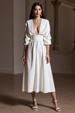 White Satin A Line Tea Length Semi Formal Dress