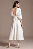 White Satin A Line Tea Length Semi Formal Dress