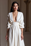 White Satin A Line Tea Length Semi Formal Dress