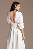 White Satin A Line Tea Length Semi Formal Dress