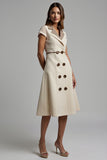 Apricot Satin Notched Lapel Midi Work Dress with Sleeves