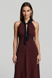Burgundy Chiffon A Line Keyhole Midi Work Dress