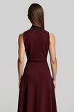 Burgundy Chiffon A Line Keyhole Midi Work Dress