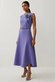Purple Satin A Line Tea Length Semi Formal Dress with 3D Flower
