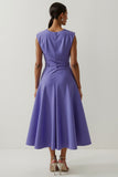 Purple Satin A Line Tea Length Semi Formal Dress with 3D Flower