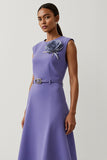 Purple Satin A Line Tea Length Semi Formal Dress with 3D Flower